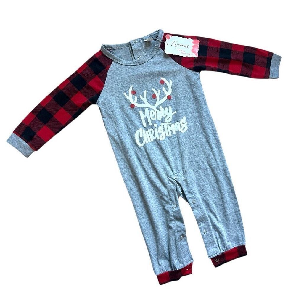 Brand New Baby Boys Boutique Deer Antlers Buffalo Plaid Coverall Romper 9-12 m